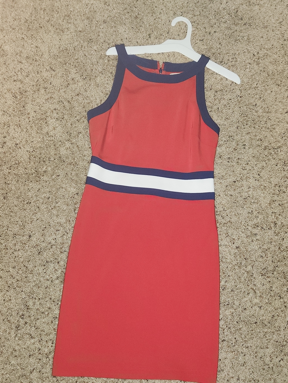 Red Sleeveless Sheath Dress with Navy & White Waistband